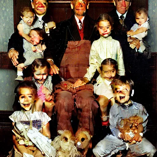 Image similar to A portrait of family of six. Man and wife, kids aged two, eight, twelve, fourteen. A painting by Norman Rockwell.