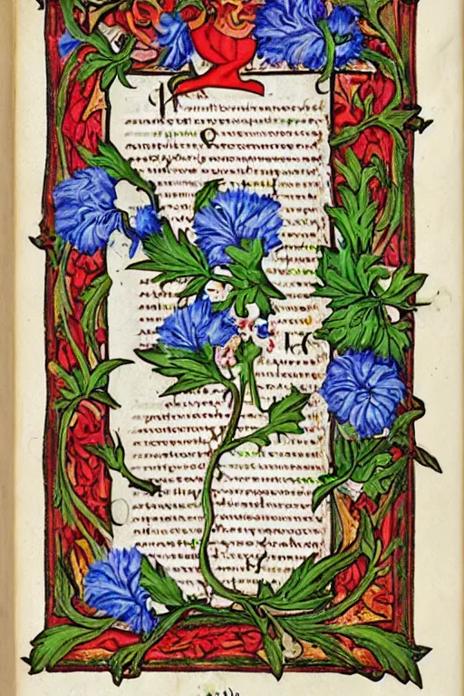 Image similar to vaporwave botanical medieval illuminated manuscript