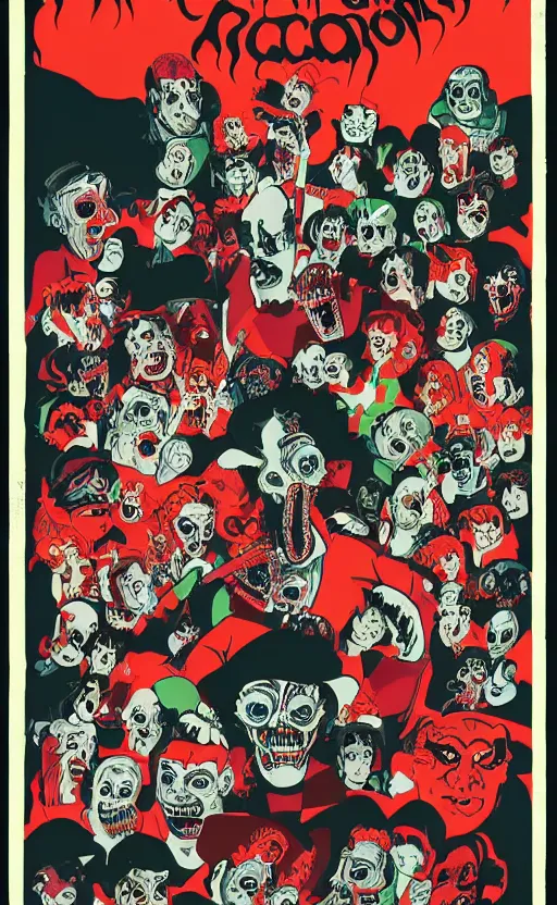 Image similar to cursed with necronomicon horrorcore cel animation poster depicting gory waldo eating the deceased power puff girls, intricate faces, metropolis, 1 9 5 0 s movie poster, post - processing, vector art