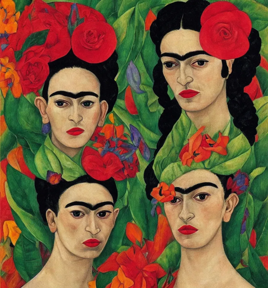 Image similar to a female elf transforming into a flower frida kahlo and alexej von jawlensky