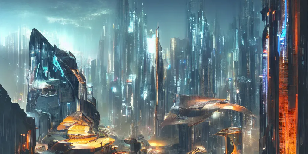 Image similar to beautiful waterfall between lush mountains late at night casting rays of light into futuristic cyberpunk city below, highly detailed, modern architecture, sharp focus, artgerm, cgsociety, desaturated by syd mead