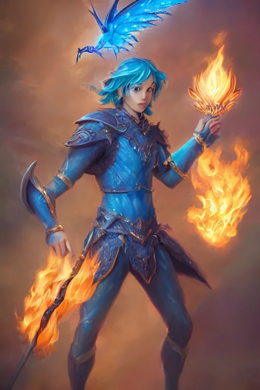 Image similar to legendary fairy prince hold flame staff, blue energy, highly detailed, d & d, fantasy, highly detailed, digital painting, trending on artstation, concept art, sharp focus, illustration, global illumination, ray tracing, realistic shaded, art by artgerm and greg rutkowski and fuji choko and viktoria gavrilenko and hoang lap