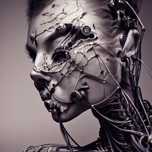 Image similar to a female model by stefan geselle and nekro borja, photorealistic, biomechanical, intricate details, hyper realistic, mechanical, wires, cables headpiece, dark beauty, photorealistic, canon r 3, photography, wide shot, photography, dark beauty, symmetrical features