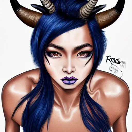 Image similar to illustrated realistic portrait of prong-horned devil woman with blue bob hairstyle and her tan colored skin and with solid black eyes wearing leather by rossdraws