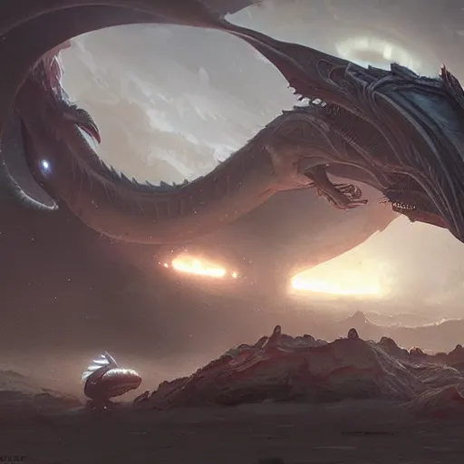 Image similar to alien dragon inspired by René Laloux, Greg Rutkowski,stars, cinematic