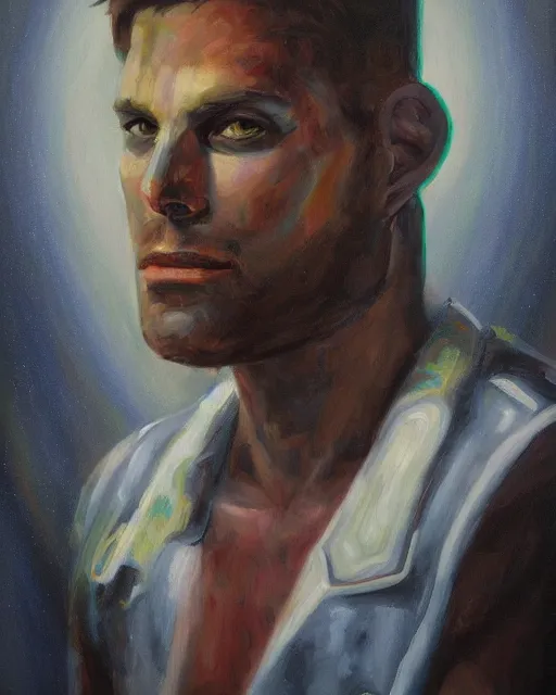 Prompt: sweet portrait of a cyborg man, oil painting. HD
