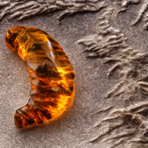 Prompt: a baby harp seal petrified in amber, museum photo