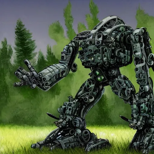 Image similar to over grown mech robot being consumed by plants and the earth