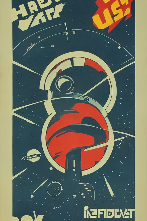 Prompt: poster of intergalactic war, 1 9 5 0 s style, futuristic design, dark, symmetrical, washed out color, centered, art deco, 1 9 5 0's futuristic, glowing highlights, intense