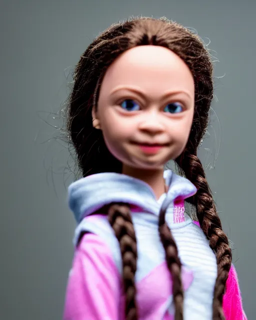 Image similar to high quality presentation photo of a cute greta thunberg barbie doll, photography 4k, f1.8 anamorphic, bokeh, 4k, Canon, Nikon