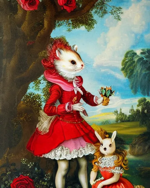 Prompt: A vintage rococo painting by Salvador Dalle Lisa Frank of the red queen chibi otter with her hair so pointy. Says to Alice the rogue chibi fox let's play a game. Paint all the roses red. In alices jumper dress she paints red all over the place. The stoic chibi white rabbit sits in the foreground watching this, staring at his pocket watch 3d render hd 5d digital art