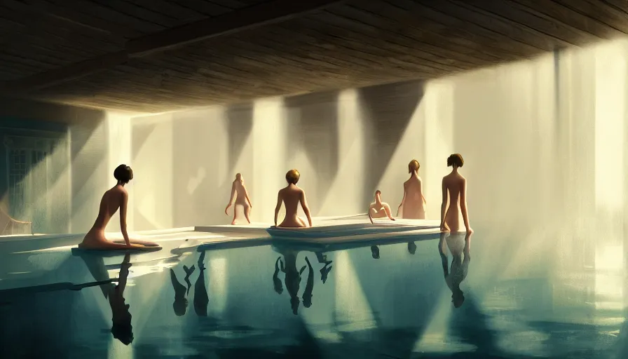 Prompt: bathhouse, women in towels, spa, light, shadows, reflections, epic composition, intricate, elegant, volumetric lighting, digital painting, highly detailed, artstation, sharp focus, illustration, concept art, wlop, artgerm, ruan jia, steve mccurry