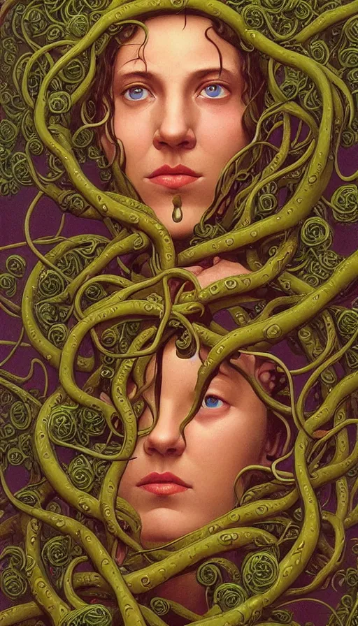 Prompt: very detailed portrait of a 2 0 years old girl surrounded by tentacles, the youg woman visage is blooming from fractal and vines, by thomas blackshear