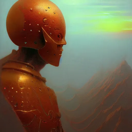 Image similar to painting of a sun god in golden ancient helios armor floating in the red sky, by beksinski, ruan jia, wayne barlowe, adrian smith fantasy art, dark soul art, trending on artstation