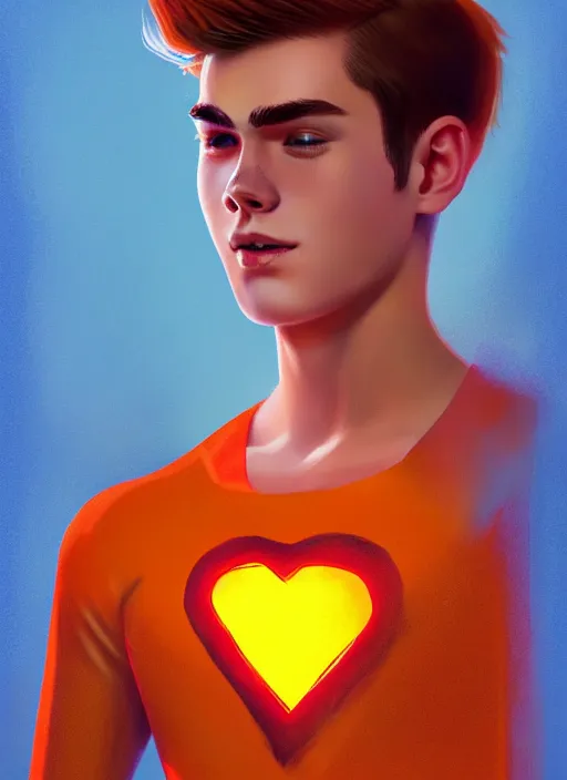 Image similar to friendly teenage archie andrews wearing an orange superhero costume with heart logo, freckles, superhero costume, heart emblem on chest, cape, intricate, elegant, glowing lights, highly detailed, digital painting, artstation, sharp focus, illustration, art by wlop, mars ravelo and greg rutkowski