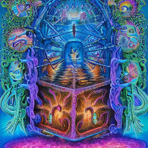 Prompt: a hypercomplex ultrarealistic painting of the portal to hell in a puzzle box by clive barker and alex grey and lisa frank and michael whelan, symmetry accurate features, very intricate details, 8 k, hires