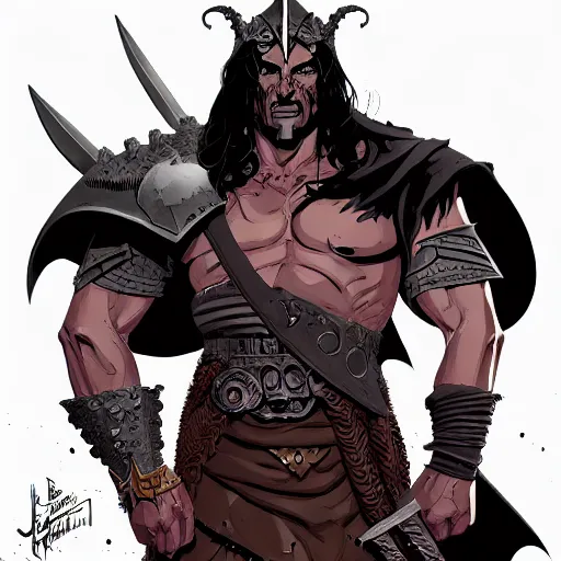 Image similar to cell shaded cartoon, a portrait of a fully armored evil warlock version of conan the barbarian, illustration, wide shot, subtle colors, concept art by josan gonzales and wlop, laurie greasley, jordan grimmer and james jean, highly detailed, sharp focus, trending on artstation, hq, deviantart, art by artgem