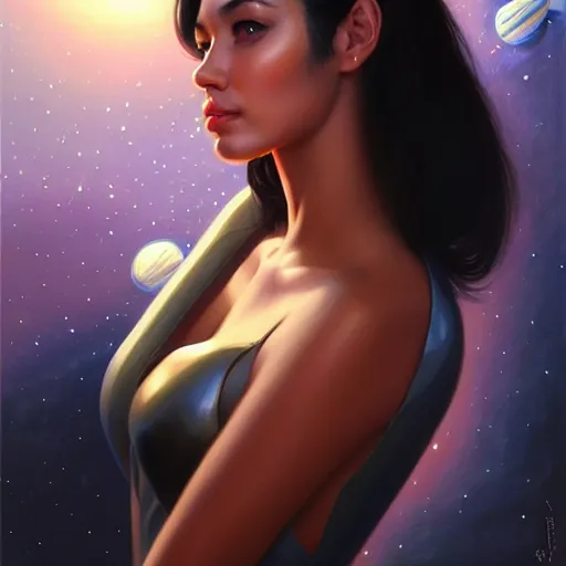 Image similar to a portrait of a very beautiful woman in a spacesuit, Alexandria\'s genesis, shoulder-length black hair, bored, illustration, soft lighting, soft details, painting oil on canvas by mark arian by artgerm, trending on artstation, 4k, 8k, HD