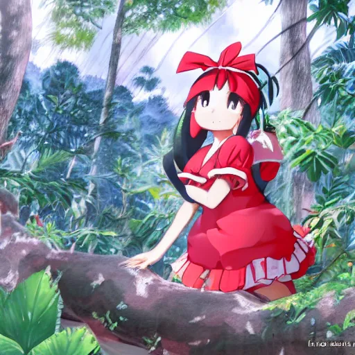 Image similar to a genga of reimu in the jungle wearing bonnet