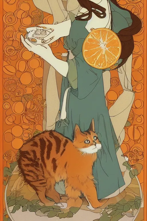 Image similar to a girl playing with a cat by studio ghibli and mucha ,Visual Communication Design Refreshing colour ,orange slices