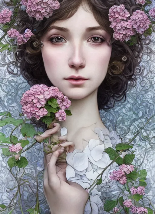 Image similar to realistic photographic perfect portrait of a anthropomorphic hydrangea blossom, fantasy, wind blowing hair, intricate, elegant, highly detailed, digital painting, artstation, concept art, smooth, super sharp focus, illustration, art by artgerm and h r giger and alphonse mucha