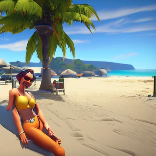 Image similar to d. i. v. a from overwatch relaxing at the beach getting a sun tan, unreal engine 5 4 k