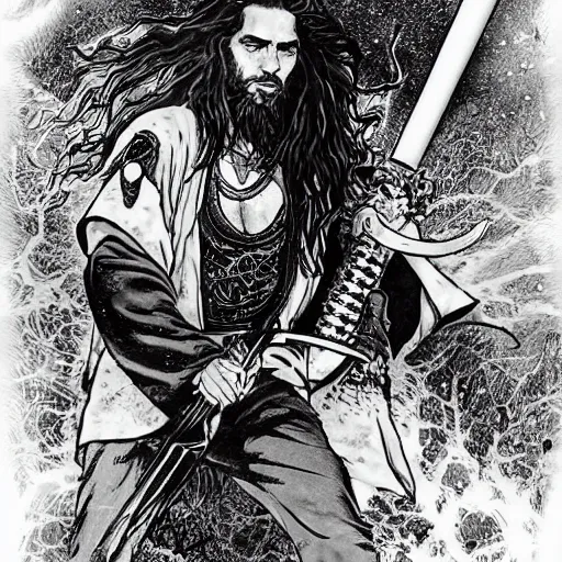 Prompt: pen and ink!!!! attractive 22 year old Frank Zappa x Jason Momoa x Jared Leto golden Vagabond magic swordsman glides through a beautiful battlefield magic the gathering dramatic esoteric!!!!!! pen and ink!!!!! illustrated in high detail!!!!!!!! by Hiroya Oku!!!!! Written by Wes Anderson graphic novel published on shonen jump 2002 award winning!!!!