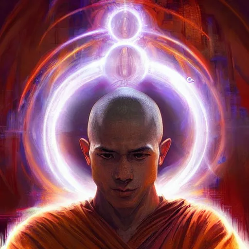 Image similar to meditative monk high detailed figure showing through fractal portal expressive energy swirls and bright glowing aura, deep neutral facial expression body figure, iconic album detailed poster art style by Andres Rios and Greg Rutkowski