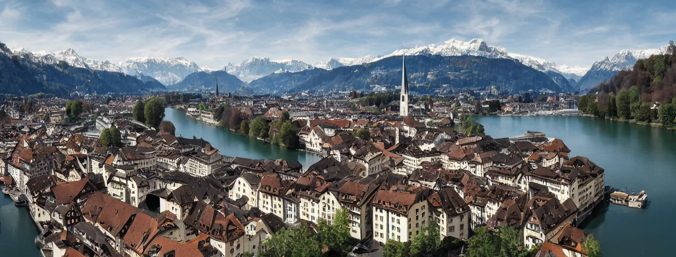 Image similar to Photo of Zurich, looking down the Limmat at the lake and the alps, Hardturm, Grossmünster, wide angle, volumetric light, hyperdetailed, light water, artstation, cgsociety, 8k