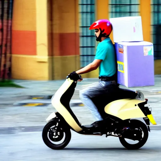 Image similar to delivery driver on moped delivering packages, bright color, bubbly, artistic rendering, cartoon, no blur, white background