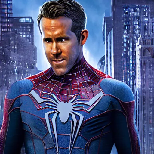 Image similar to ryan reynolds as spider - man, wearing a black and blue suit, cinematic, volumetric lighting, f 8 aperture, cinematic eastman 5 3 8 4 film, photorealistic by greg rutkowski, by stanley artgerm, by alphonse mucha