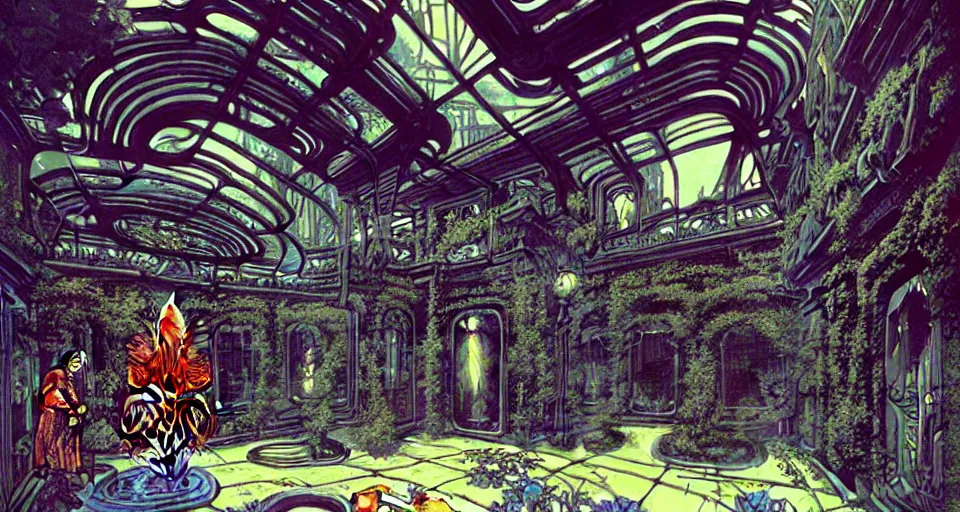 Image similar to a luxurious scifi futuristic victorian garden courtyard by killian eng, moebius, philippe druillet