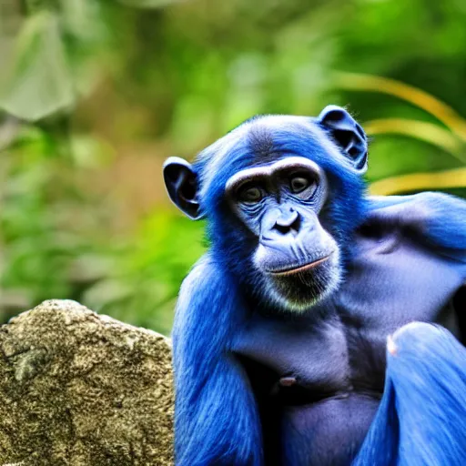 Prompt: a blue chimp is laying on his back, looking at the stars, 4 k, photo, beautiful