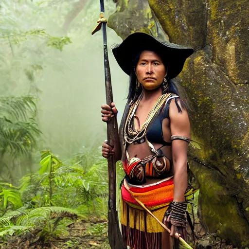 Prompt: Portrait of female inca soldier holding a spear in damp hot misty jungle, oily skin, staring at you, wearing inca jewellery, feathers and leather, smoke, 100 mm lens