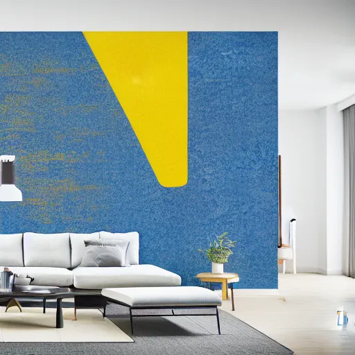 Image similar to interior of a living room, modern minimal design, abstract painting as wallpaper pattern, blue, yellow, photorealist, 4 k