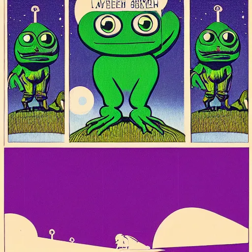 Prompt: ufo and aliens with pepe the frog beaming up abducting cows along coast line pastures, summer night and palm trees. by patrick nagel, by norman rockwell, by virgil finlay minimalist lighting, precisionist, 1 0 0 0 0 mm. purple and green gammas.