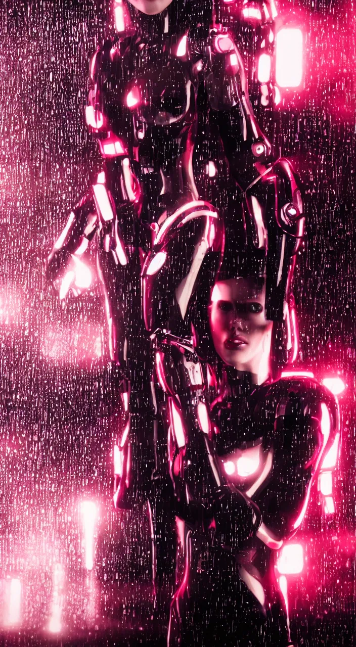 Prompt: woman, android, robot, cyberpunk, short black hair, tattoos, neon lights, hard light, lense flares, glamour, vogue photoshoot, fashion, short dress, red dress, latex, sexy dress, legs, thighs, raindrops, rain, wet, wet fabric, wet make - up, leaky make - up, wet hair, red lipstick