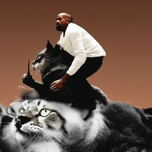 Prompt: Kanye West riding on the back of a giant cat