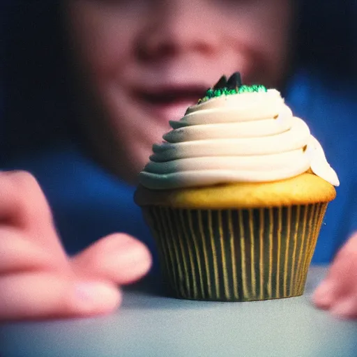 Prompt: photo godzilla enjoying a cupcake, cinestill, 800t, 35mm, full-HD