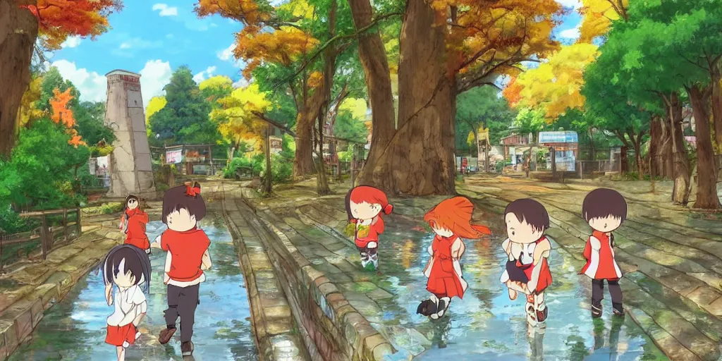 Image similar to chibi kids playing in a japanese suburb with high redwood trees. autumn afternoon puddles after the rain. neo - georgian buildings and stone brick retaining walls near the sidewalk. anime studioghibli cartoon trending on artstation.