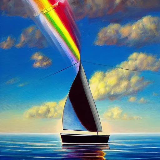 Image similar to by carrie graber mournful tetris. a beautiful body art of a sailboat sailing on a sea of clouds, with a rainbow in the background. the sailboat is crewed by a group of monkeys, & the sails are billowing in the wind.