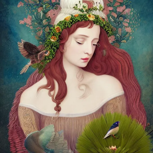 Prompt: a detailed portrait of young woman in renaissance dress and a surreal renaissance headdress, very surreal garden, cyberpunk, surreal tea party, birds, nature, strange creatures, by christian schloe and botticelli, naotto hattori, amy sol, roger dean, moody colors