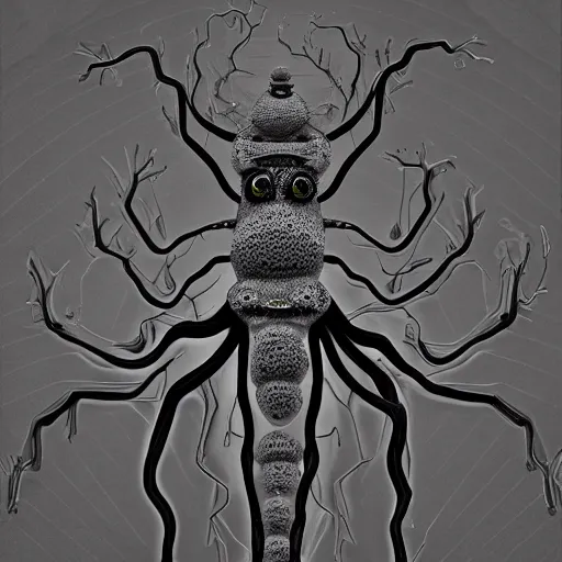 Image similar to photorealistic grey scale depiction of a being with 4 2 eyes 8 arms and 8 legs floating gloriously in the void of time