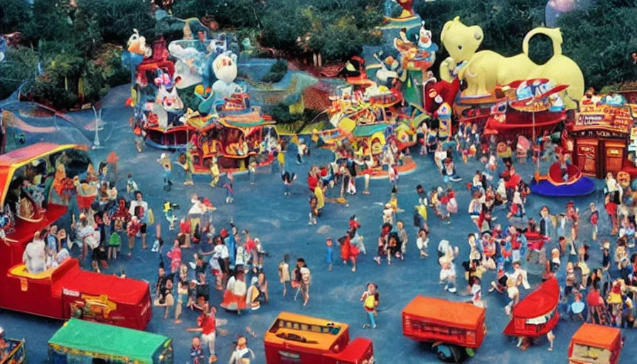 Prompt: 1990s photo of inside the Magic Cats Silly Hat Town ride at Disney World in Orlando, Florida, children riding on tiny ice cream trucks through a Gnome village , slime mice, Bears, business men, cinematic, UHD