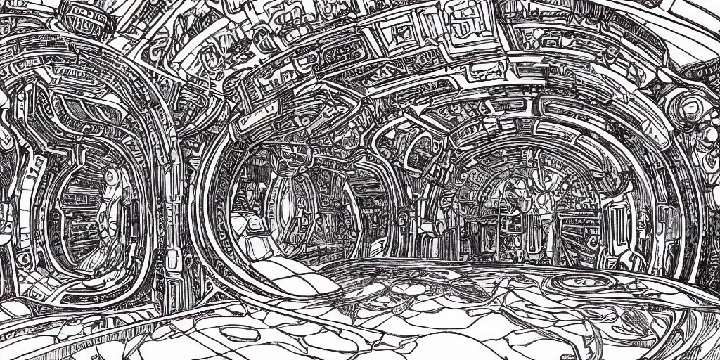 Prompt: cinematic shot of the interior of a sci-fi spaceship made with ornate elven architecture and highly advanced technology, intricate linework, style of Jean Giraud Moebius comic art