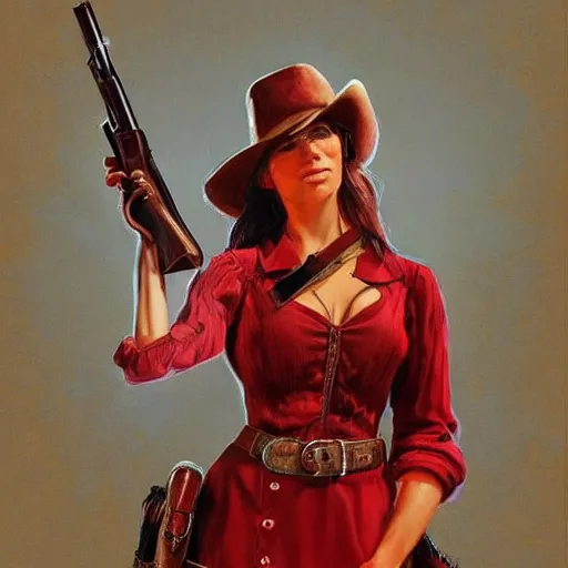 Prompt: a woman in a red wild west dress holding a shotgun, realistic painting by drew struzan, anatomically correct, beautiful, soft lighting, artstation