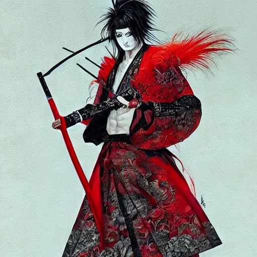 Image similar to an epic portrait of insane kabuki male wielding a spear covered in a distorting aura, intricate hakama, poofy red wig, eerie, highly detailed, dark fantasy, art by artgerm and greg rutkowski