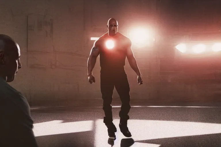 Image similar to vin diesel as dwayne johnson flexing and yelling let's go!, fast furious, low perspective, isometric perspective, cinematic still, movie still, long lens, shallow depth of field, bokeh, anamorphic lens flare, 8 k, hyper detailed, 3 5 mm film grain