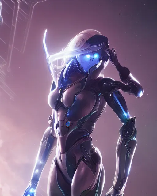 Image similar to perfect android girl on a mothership, warframe armor, beautiful face, scifi, futuristic, galaxy, nebula, bae suzy, dreamy, long white hair, blue cyborg eyes, sharp focus, cinematic lighting, highly detailed, artstation, divine, by gauthier leblanc, kazuya takahashi, huifeng huang