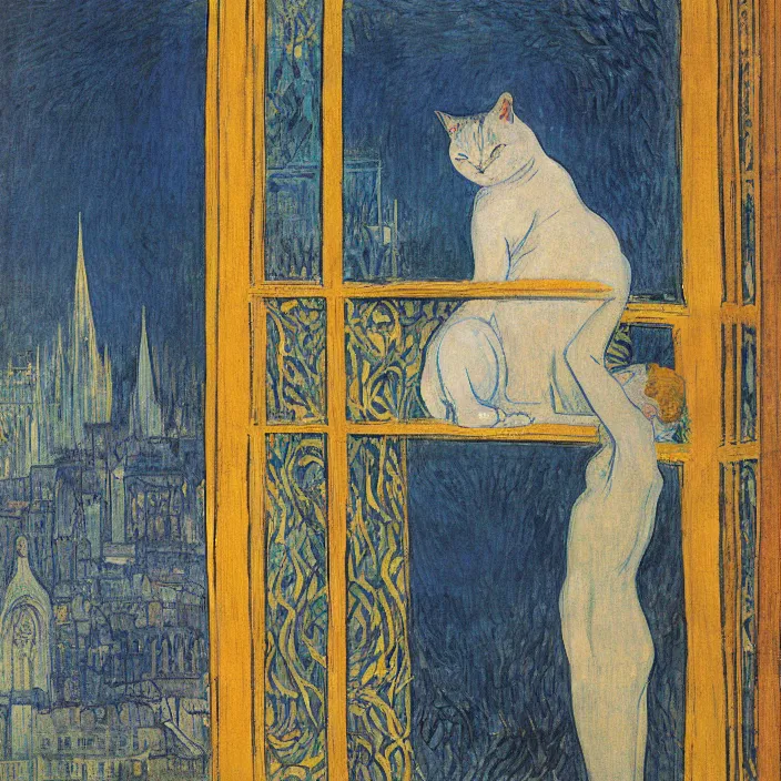 Image similar to sad woman and white cat with city with gothic cathedral and tall trees seen from a window frame with curtains. dark indigo blue, turquoise, gold, earth brown. night with glowing stars. delville jean, henri de toulouse - lautrec, utamaro, matisse, monet